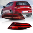 A red car is parked on a snowy landscape, showcasing its rear tail lights. Below, separate images highlight the car's sleek, illuminated tail light design.
