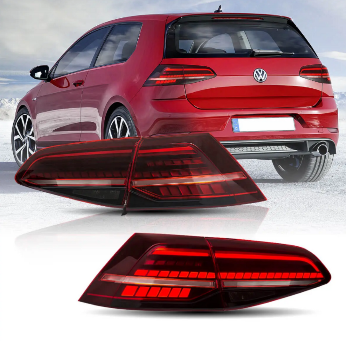 A red car is parked on a snowy landscape, showcasing its rear tail lights. Below, separate images highlight the car's sleek, illuminated tail light design.