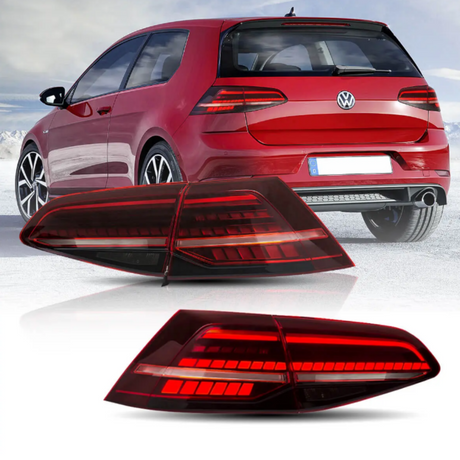 A red car is parked on a snowy landscape, showcasing its rear tail lights. Below, separate images highlight the car's sleek, illuminated tail light design.