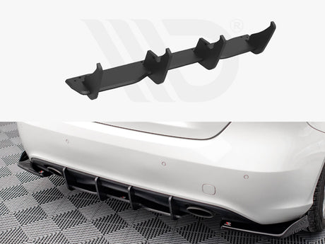A black car diffuser, consisting of multiple fins, appears in two views: a close-up of the diffuser and its installation on the rear bumper of a white car on a checkered floor.