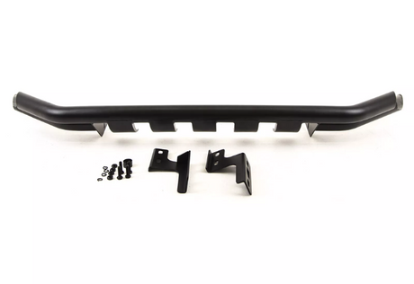 A black metal car bumper bar is placed on a plain surface alongside mounting brackets and small screws, likely intended for vehicle installation.