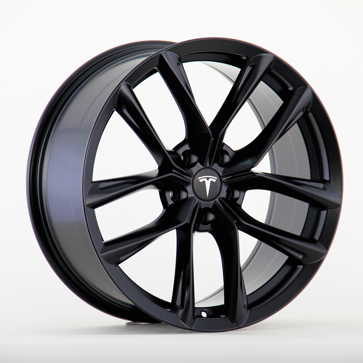 A black alloy wheel with ten sleek spokes displays a Tesla logo at the center. It rests on a plain white background, showcasing its glossy finish and intricate design.