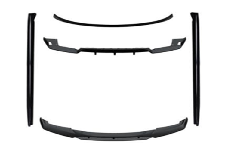 Car body kit components are displayed separately, including a front lip, side skirts, and rear spoiler, arranged symmetrically on a white background.