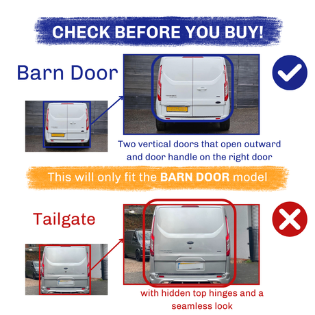 Barn door model: Two vertical doors open outward with a handle on the right door. Tailgate model: Single door with hidden top hinges.  This will only fit the BARN DOOR model."