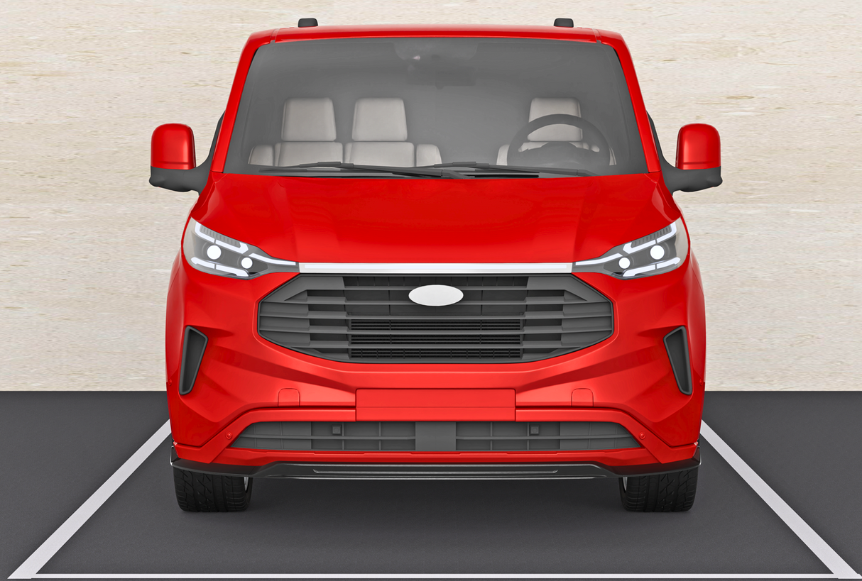 A red van is parked in a designated space, surrounded by a light-colored surface. Its front-facing view showcases headlights, a large grille, and visible side mirrors.