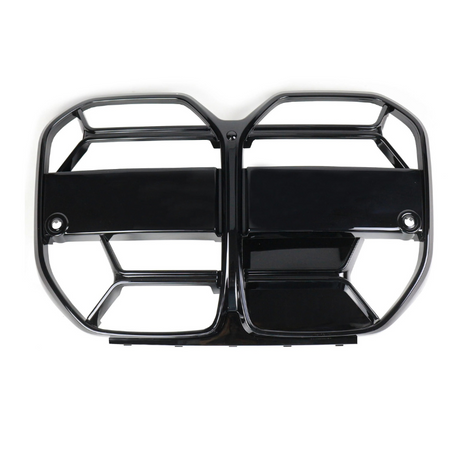 A shiny black car grille, divided into two sections with horizontal and vertical slats, rests on a plain white background, designed for ventilation and vehicle styling.