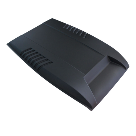 A matte black car hood scoop with angular design and vent slits, positioned against a plain white background.
