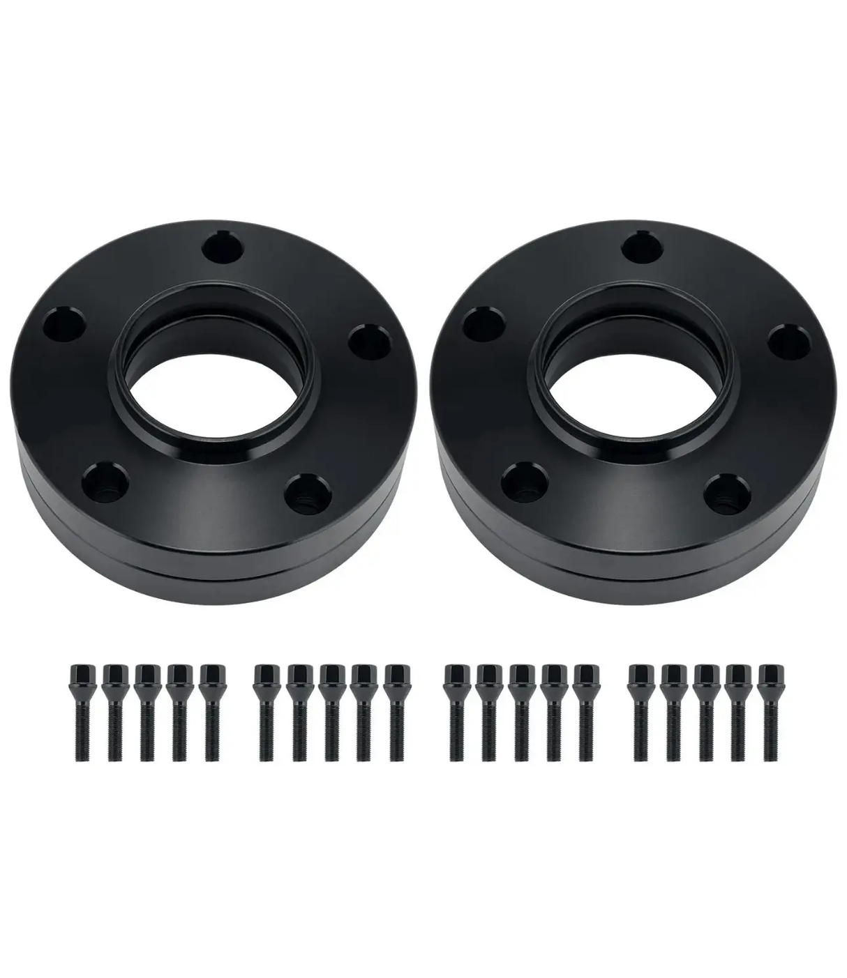 Two black circular wheel spacers, each with five bolt holes, lie side by side. Below, twenty matching black bolts are lined up in two rows on a white background.