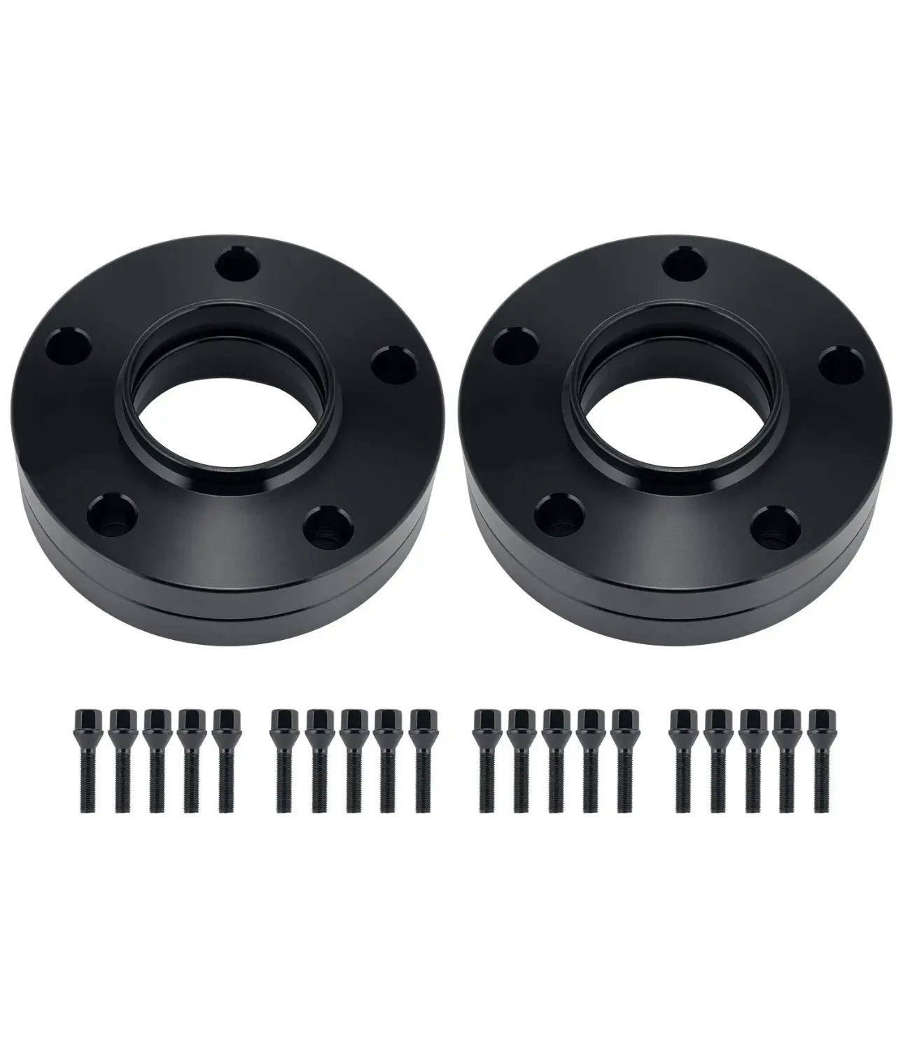Two black circular wheel spacers, each with five bolt holes, lie side by side. Below, twenty matching black bolts are lined up in two rows on a white background.
