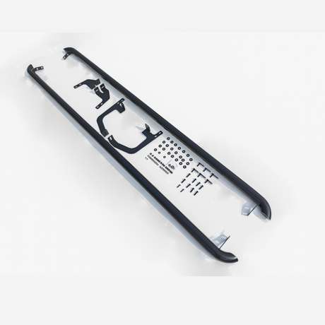 A black and white rail-like structure holding various mounting brackets and an array of screws lies on a light background. Text includes: "VIABIZZUNO CORNICI," "PR 4," "G 60.0/2.0," "SPAZZ014."