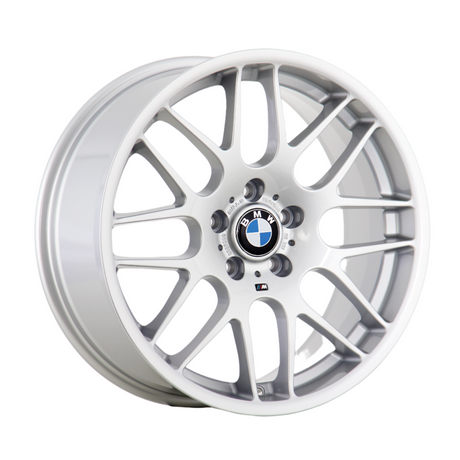 A silver alloy car wheel displays the BMW logo in the center. Surrounding it are multiple thin spokes, with "BMW" and "M" branding visible. The background is plain white.