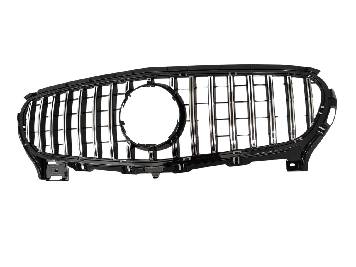 A car grille with vertical chrome bars and a circular central cutout is positioned against a plain white background, designed for vehicle front-end attachment.