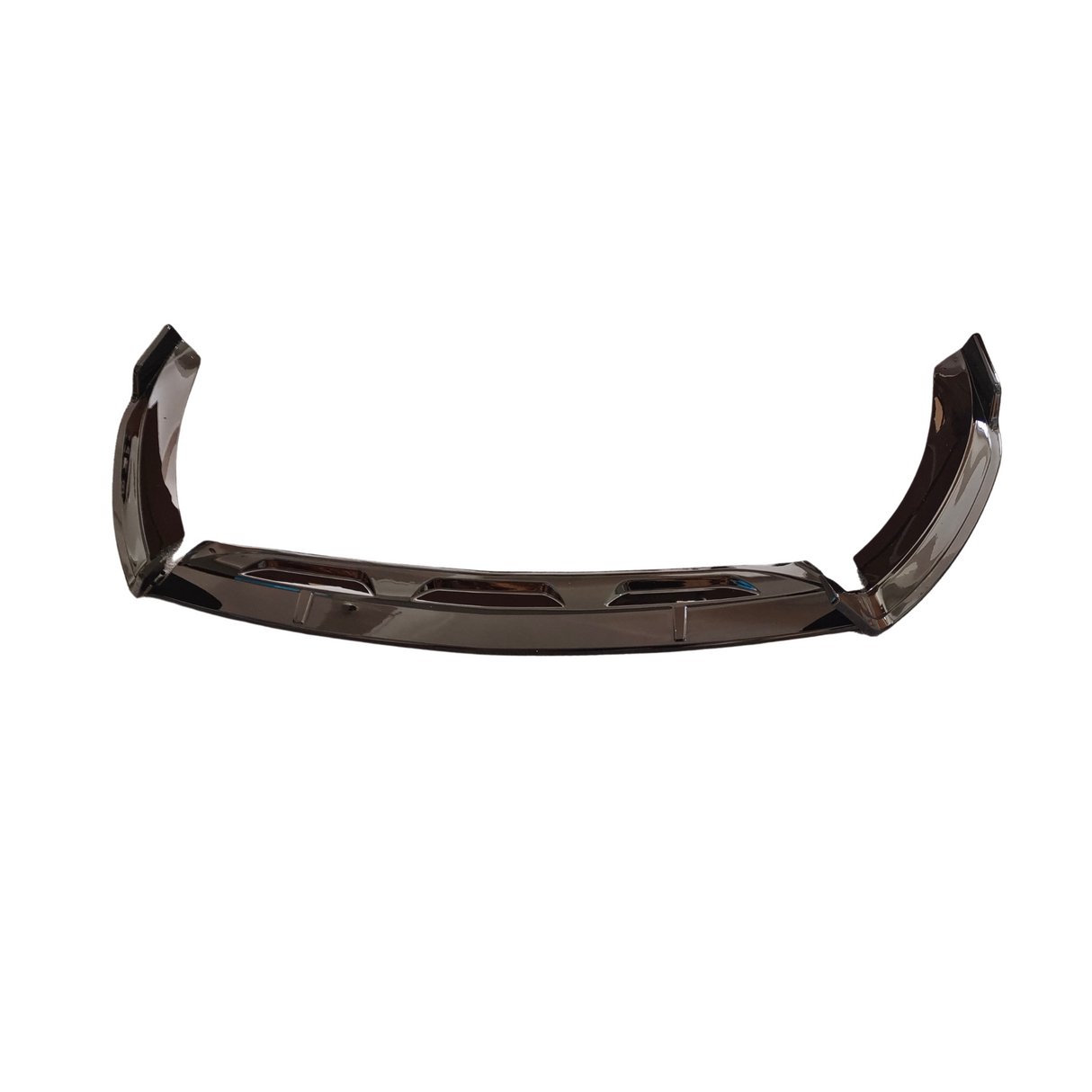 A black car spoiler lies flat, featuring a sleek, arched design with glossy surface detailing, set against a plain white background.