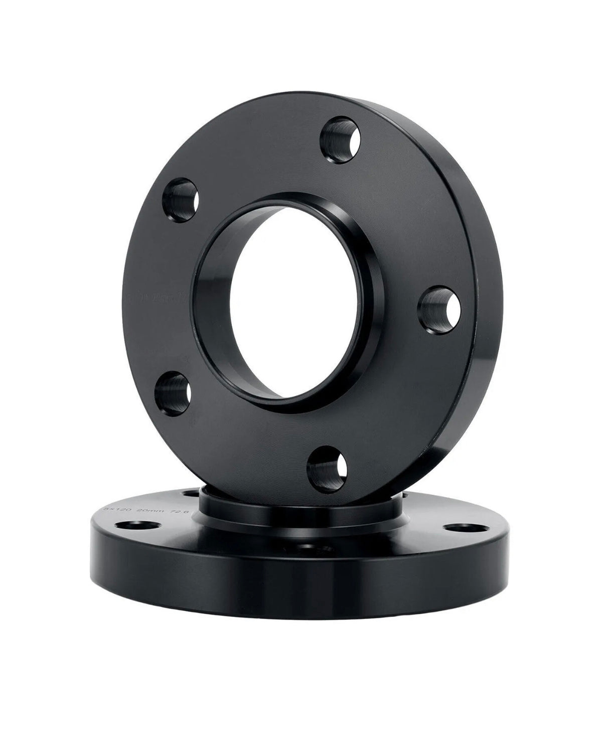 A black metal flange with several bolt holes is positioned upright against a second flange lying flat. The smooth, reflective surfaces are highlighted in a plain white setting.