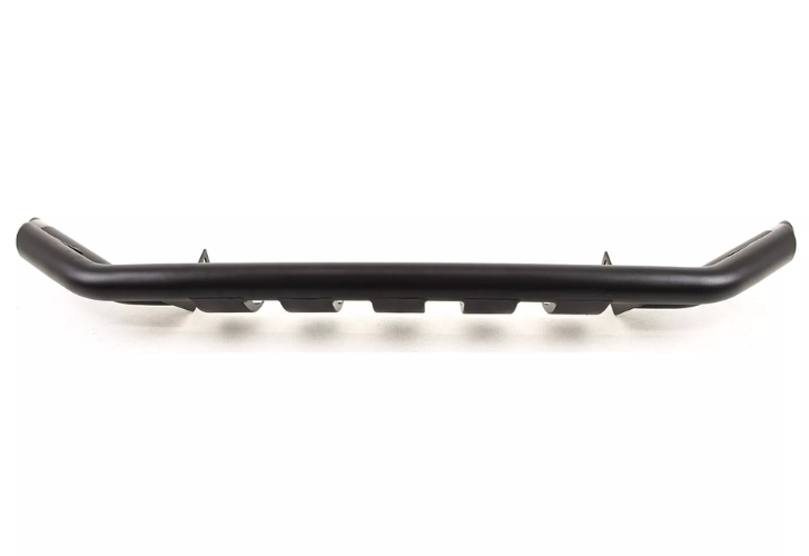 A black metal bull bar with a curved design extends horizontally, featuring mounting brackets beneath. It rests on a white background, emphasizing its robust construction ideal for vehicle protection.