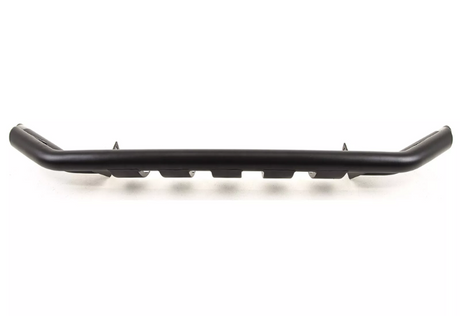 A black metal bull bar with a curved design extends horizontally, featuring mounting brackets beneath. It rests on a white background, emphasizing its robust construction ideal for vehicle protection.