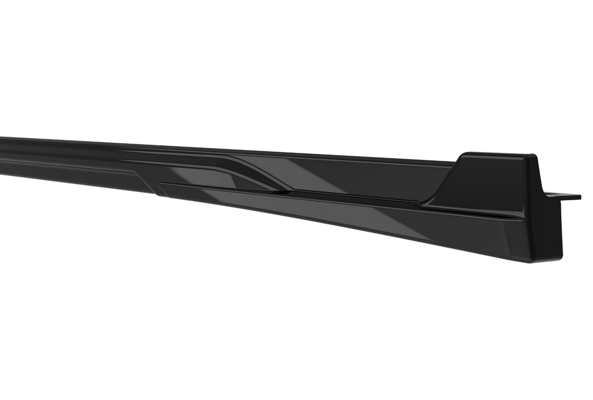 A sleek, black, elongated car side skirt with a smooth, angular design rests on a white background, emphasizing its aerodynamic features.