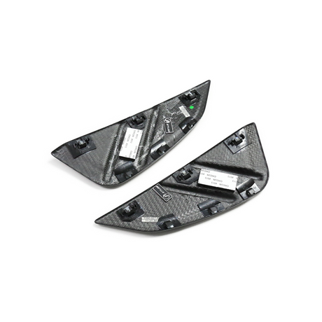 Two carbon fiber car panels with mounting clips, labeled with barcodes and text: “FRONT,” “OEMNO: 8933,” “330GPA,” on a white background.