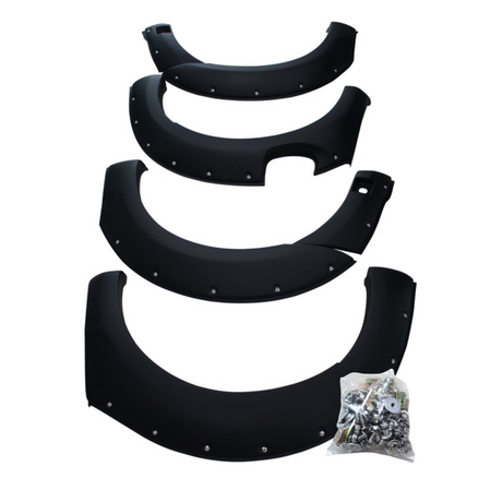 Four black fender flares with rivets lay arranged in a descending order, accompanied by a clear plastic bag filled with bolts and screws on a white background.