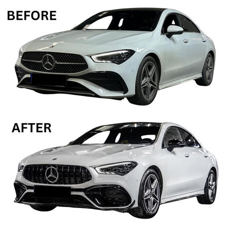 Two images of a white car, labeled "BEFORE" and "AFTER," showcase changes. The "BEFORE" car has a simpler front grille, while the "AFTER" car features a more elaborate grille design.