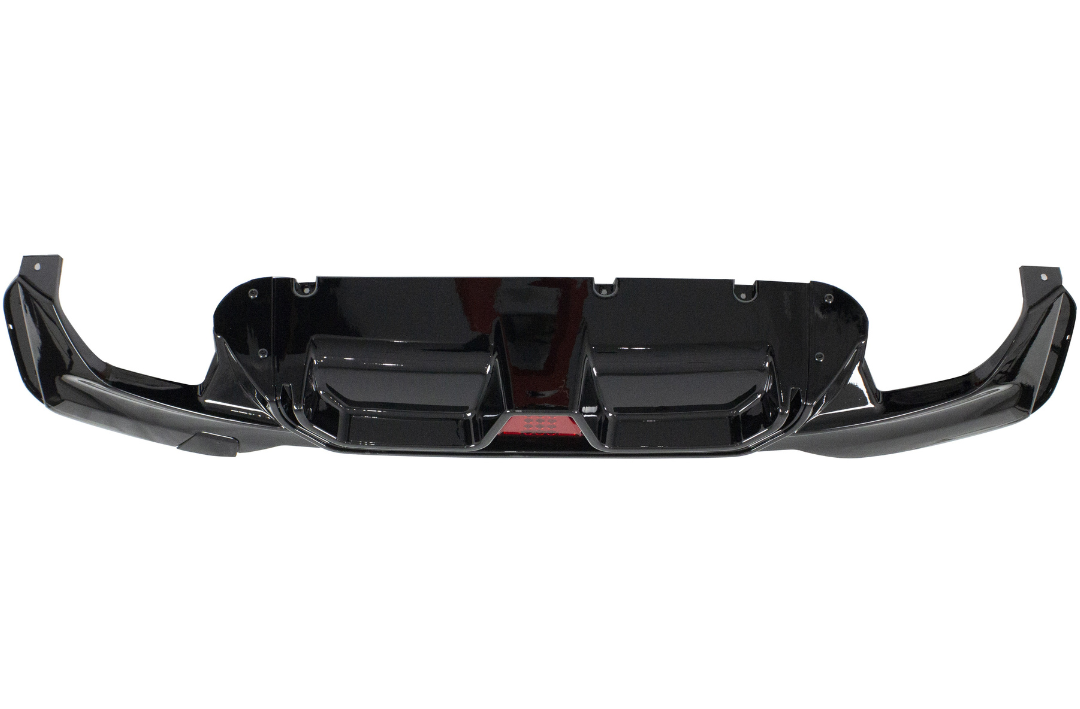 A shiny black car bumper with aerodynamic features is displayed against a white background, highlighting its sleek design and mounting points.