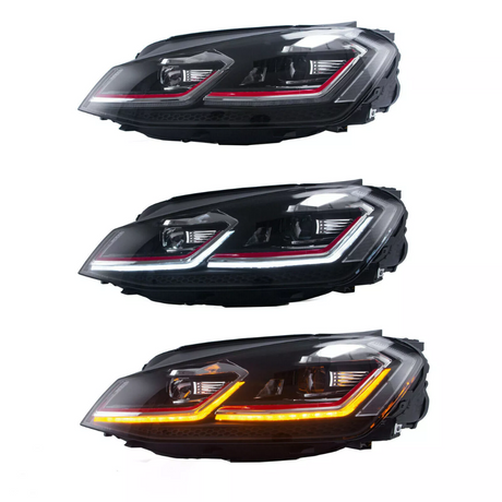 Three car headlights are aligned vertically, each with LED strips in different colors: red, white, and orange. The headlights are situated against a plain, white background.