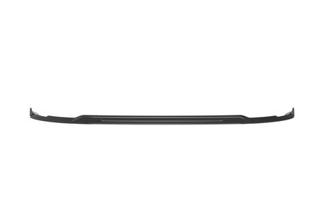 A black plastic car front lip spoiler, shaped to fit a vehicle's bumper, rests against a plain white background. Its edges curve slightly upward.