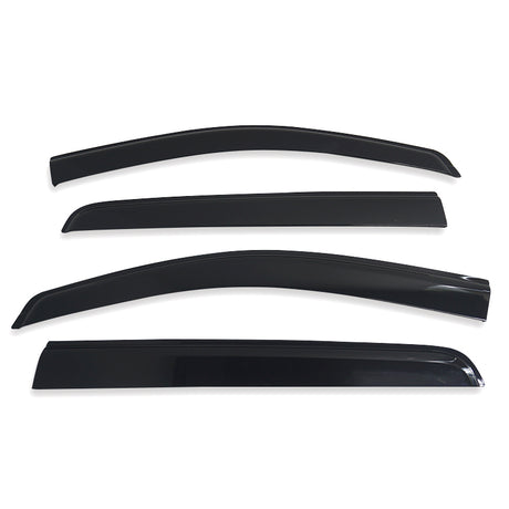 Four sleek, black car window visors are arranged side by side against a white background, emphasizing their curved edges and shiny surface.