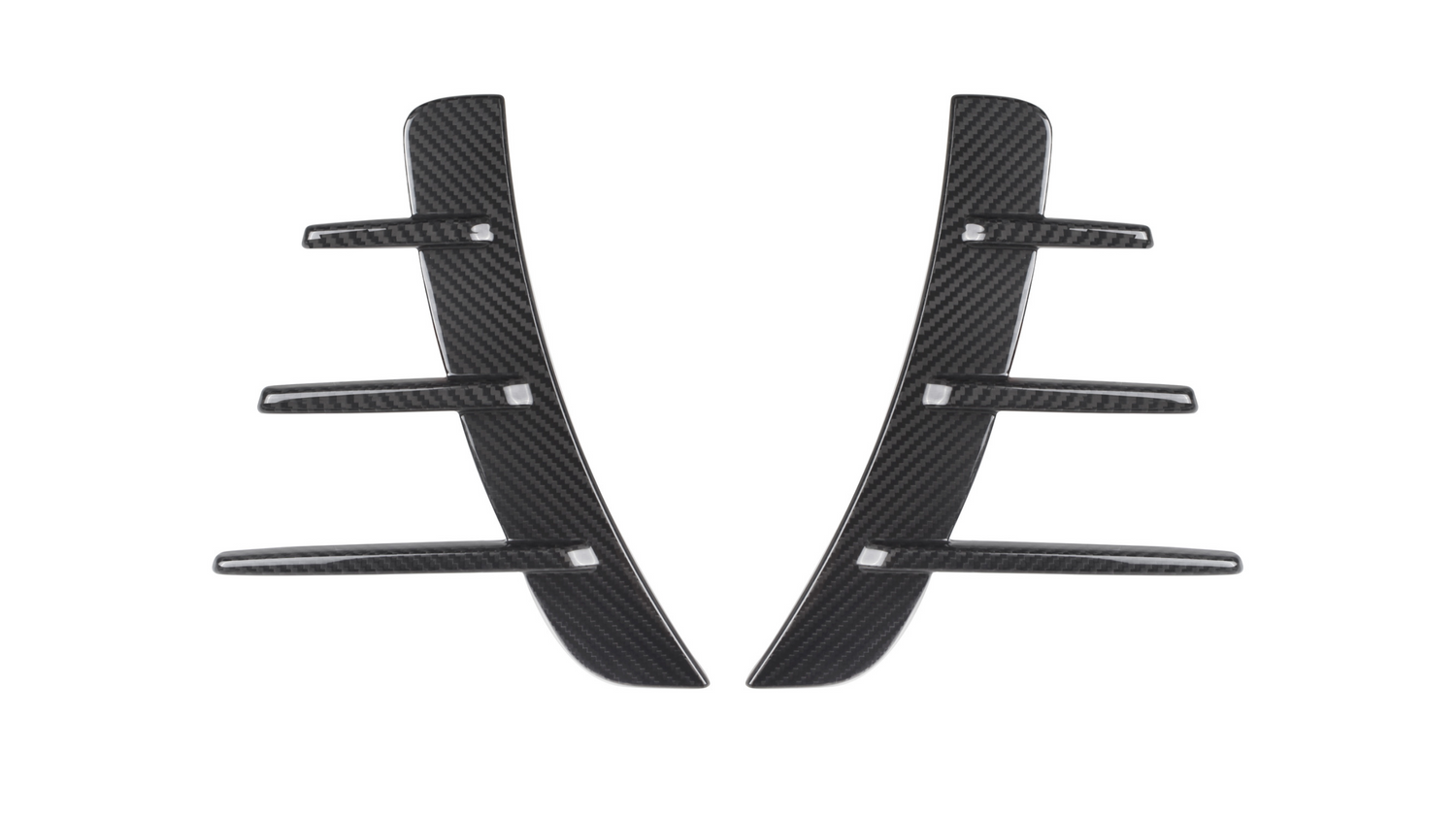 Carbon fiber car vent accents, featuring a central vertical piece with five horizontal fins, rest against a white background, showcasing their sleek and modern design.