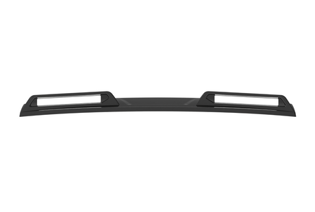 A black, curved car spoiler with two rectangular cutouts is displayed against a white background.