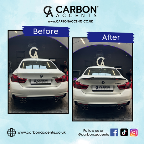 A white BMW, shown in two images labeled "Before" and "After," is parked indoors. The "After" image features an enhanced spoiler. Text: "CARBON ACCENTS, www.carbonaccents.co.uk" and social media icons.