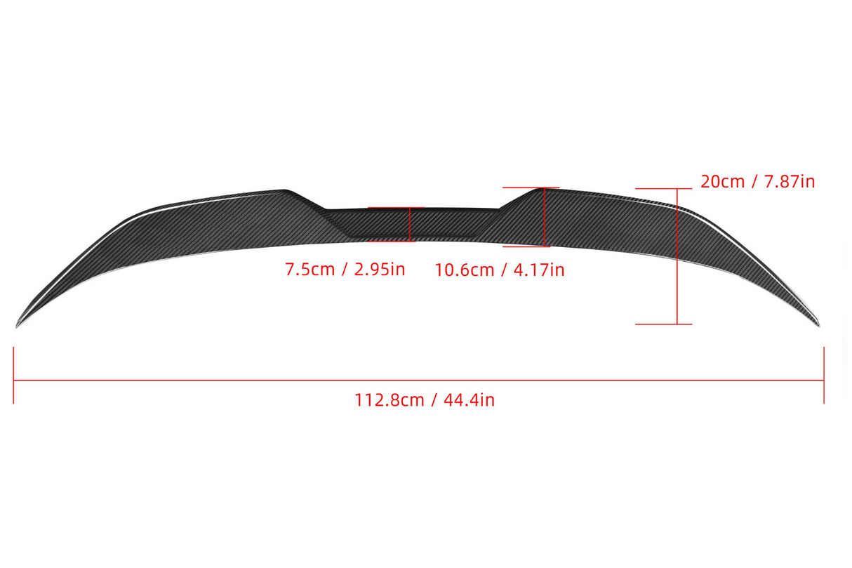 Spoiler with carbon fiber texture, measures 112.8 cm length, 10.6 cm center height. Side heights: 7.5 cm and 20 cm. Displayed on a plain white background with red text annotations.