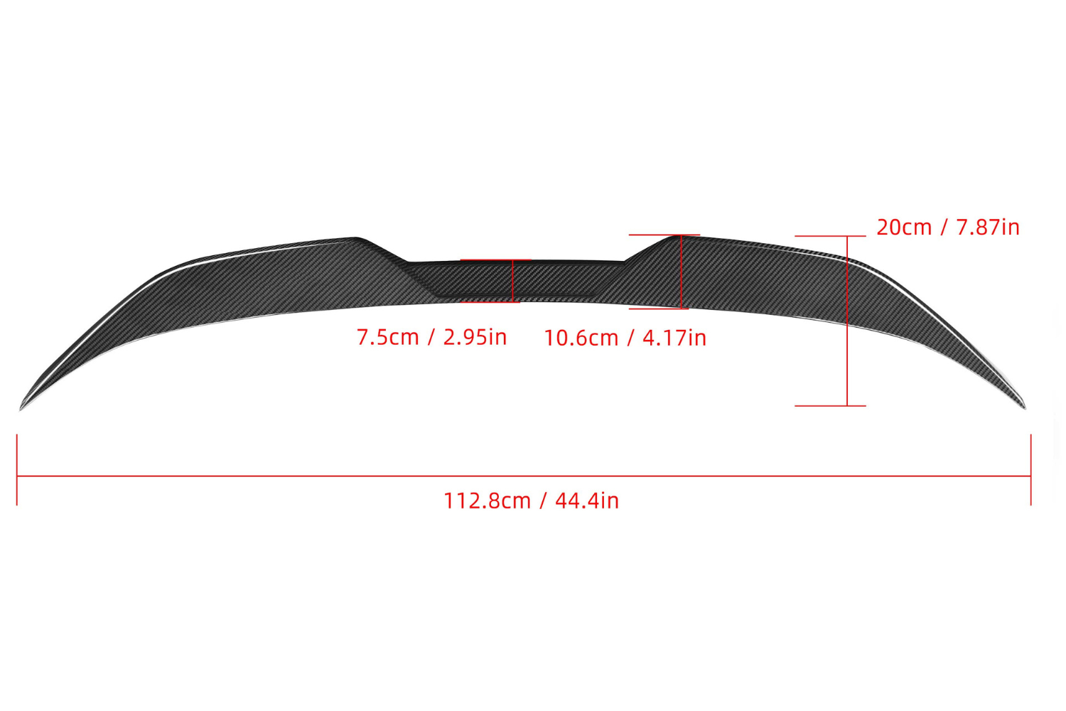 Spoiler with carbon fiber texture, measures 112.8 cm length, 10.6 cm center height. Side heights: 7.5 cm and 20 cm. Displayed on a plain white background with red text annotations.
