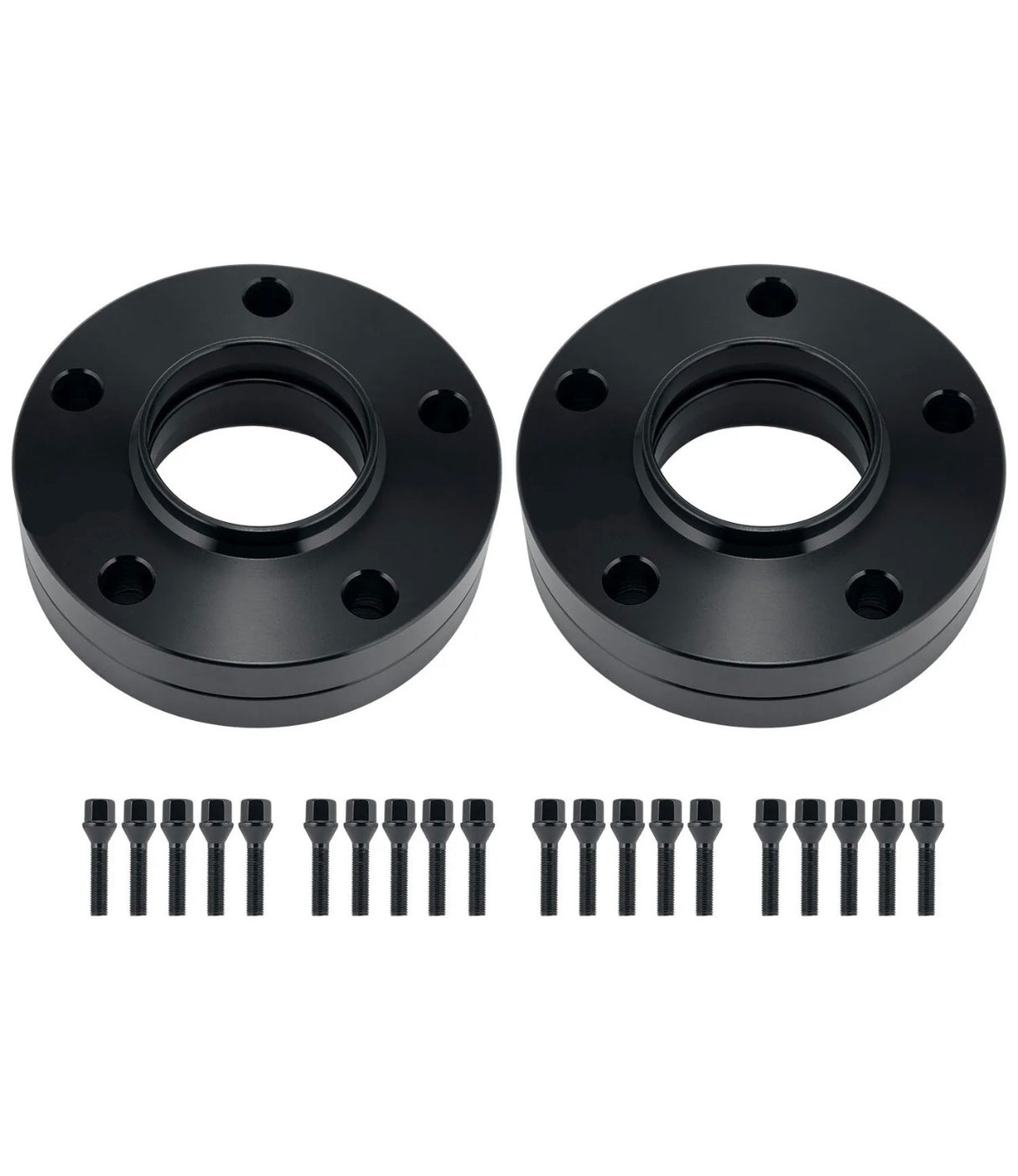 Two black wheel spacers with holes are aligned horizontally; each is accompanied by a row of ten matching black bolts beneath them. Set against a plain white background.