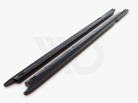 Two black, elongated plastic strips lie parallel on a white surface, likely used for aerodynamic purposes. Text below reads, "WORLDWIDE LEADER IN AERODYNAMIC COMPONENTS."