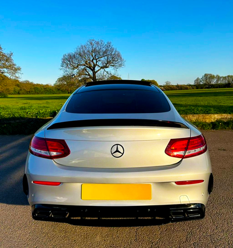 A silver Mercedes-Benz car is parked on a road, facing away. The context is a scenic countryside with green fields and a leafless tree under a clear blue sky.