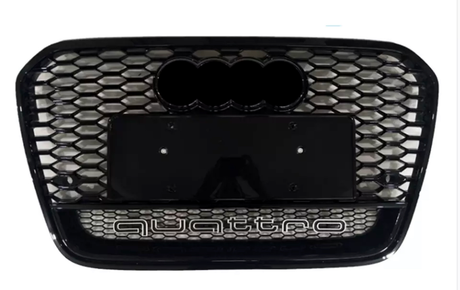 A black honeycomb car grille with four rings and the word "quattro" below, set against a white background.
