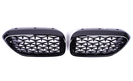 Two black car grilles with a diamond mesh pattern are positioned side by side on a plain white background.