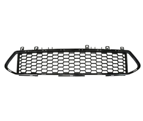 Black hexagonal mesh car grille, resting horizontally, featuring multiple mounting tabs, against a plain white background.