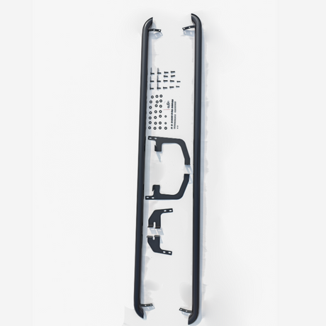 Two black metal running boards with brackets and screws arranged on white background. Accompanied by text: "INDOWOX 2000005 13- CADRIM AIANO 2000005." Components for vehicle installation.