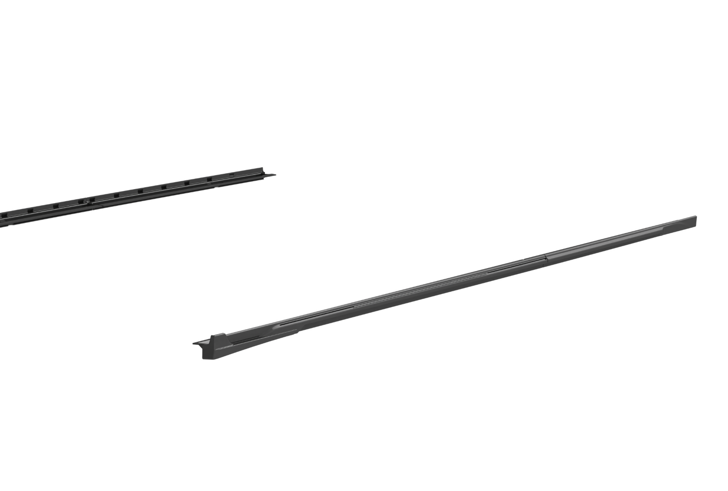 Two elongated, dark-toned linear metal bars are positioned diagonally, aligned parallel, and floating against a white background. One bar is closer, appearing more detailed, with grooves and subtle textures.