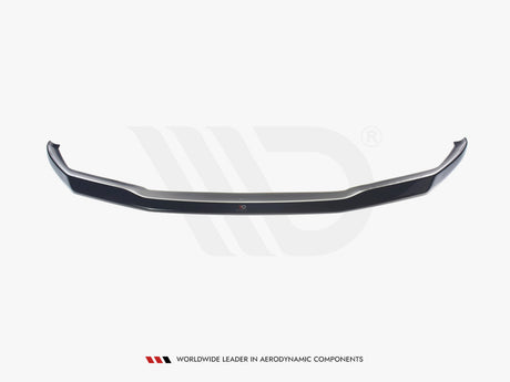 Black car splitter resting against a light gray background. Text reads, "WORLDWIDE LEADER IN AERODYNAMIC COMPONENTS."