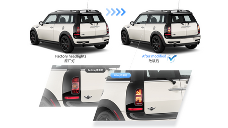 Car shows changed tail lights, from standard to modified ones with a Union Jack design. Text: "Factory headlights 原厂灯" and "After modified 改装后". Image highlights before and after.
