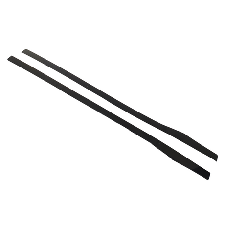 Two elongated, black plastic strips lie parallel on a plain, white background, displaying a sleek, uniform design with slightly tapered ends.