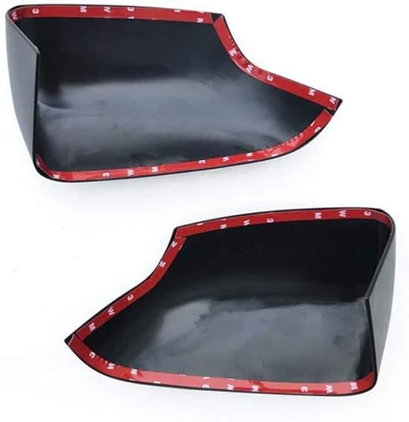 Two black plastic automotive parts feature red adhesive strips along the edges, labeled "3M." They are angled, possibly designed as wind deflectors or protective covers, set against a white background.