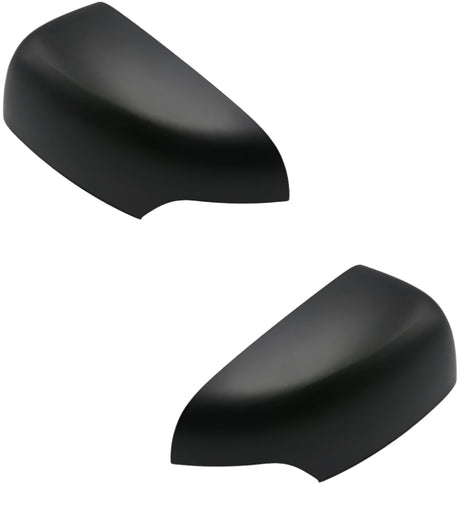 Two black side mirror covers, positioned diagonally, are shown against a white background, emphasizing their sleek, aerodynamic shape and smooth finish.