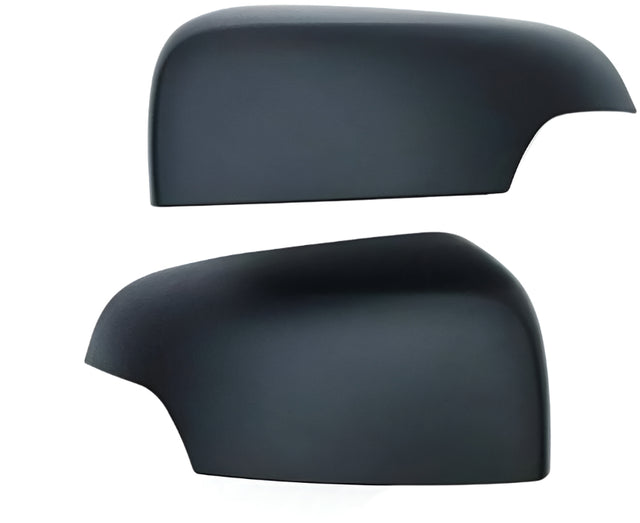 Two matte black car side mirror covers are displayed against a plain white background, showing their sleek, rounded shape and smooth surface.