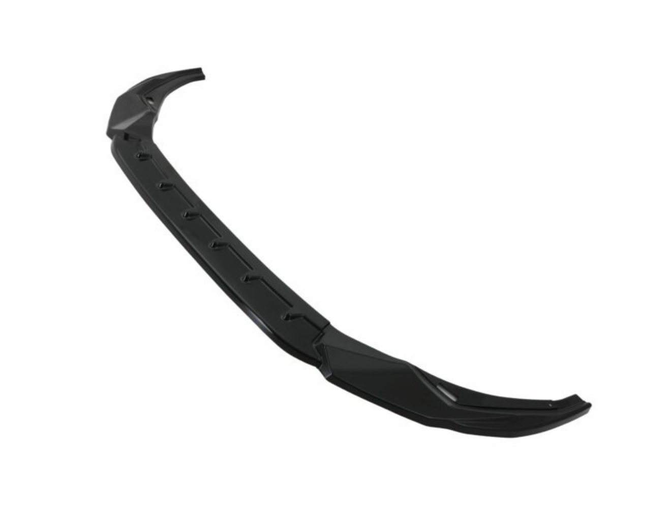 A black car spoiler with a sleek design and angular edges, lying flat against a plain white background, showcasing aerodynamic styling details.