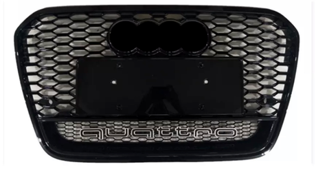 Car grille featuring a honeycomb pattern, with "quattro" text at the bottom. There's a mount for a license plate in the center, and a logo space at the top.