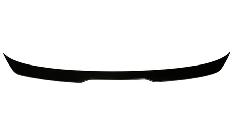 A black car spoiler lies flat against a white background, emphasizing its sleek, curved design and aerodynamic form.
